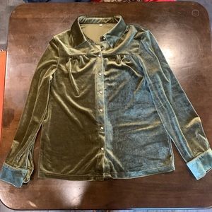 Velour olive green gold button long sleeve blouse. Size S. NWOT